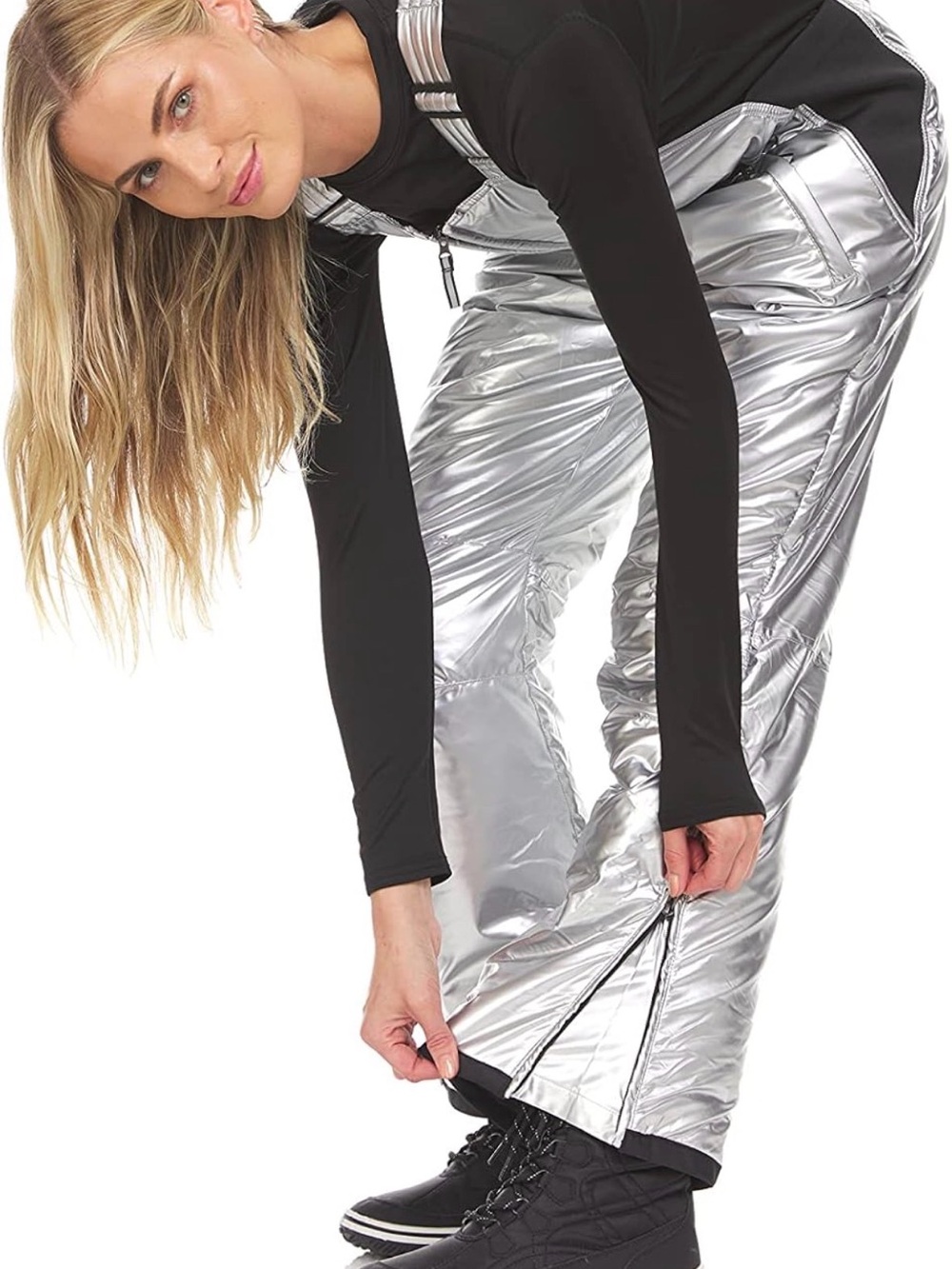 Silver Metallic Insulated Snow Bib Overalls for Women Size L Futuristic Y2K - Picture 15 of 15